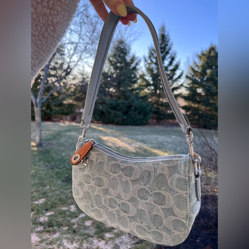 Coach swinger 20 signature denim crossbody bag purse silver blue shoulder bag - Picture 9 of 11